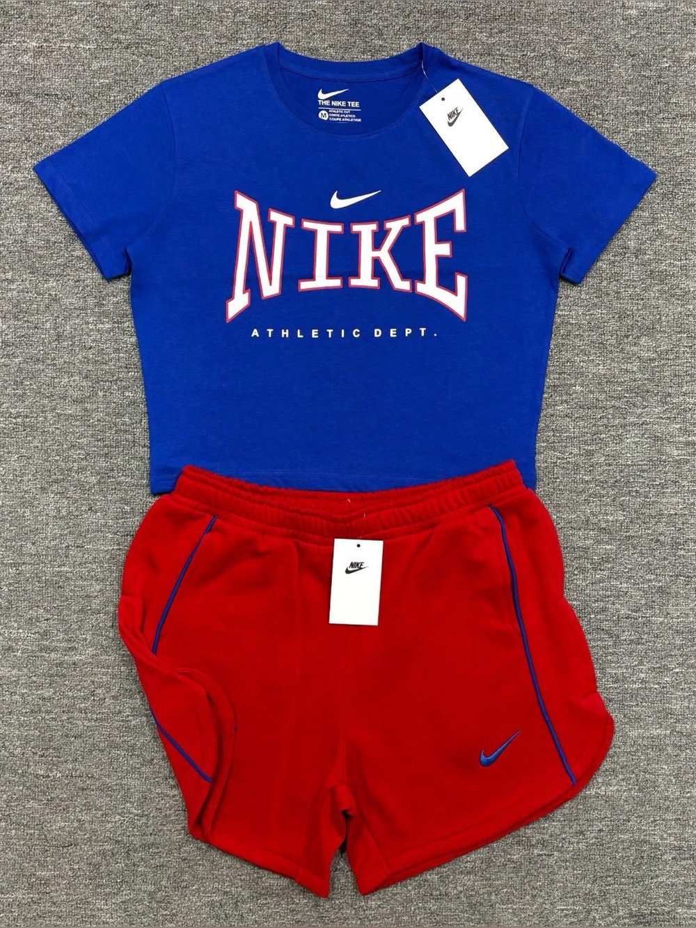 Nike Blue Crop Tee with Red Athletic Shorts Set